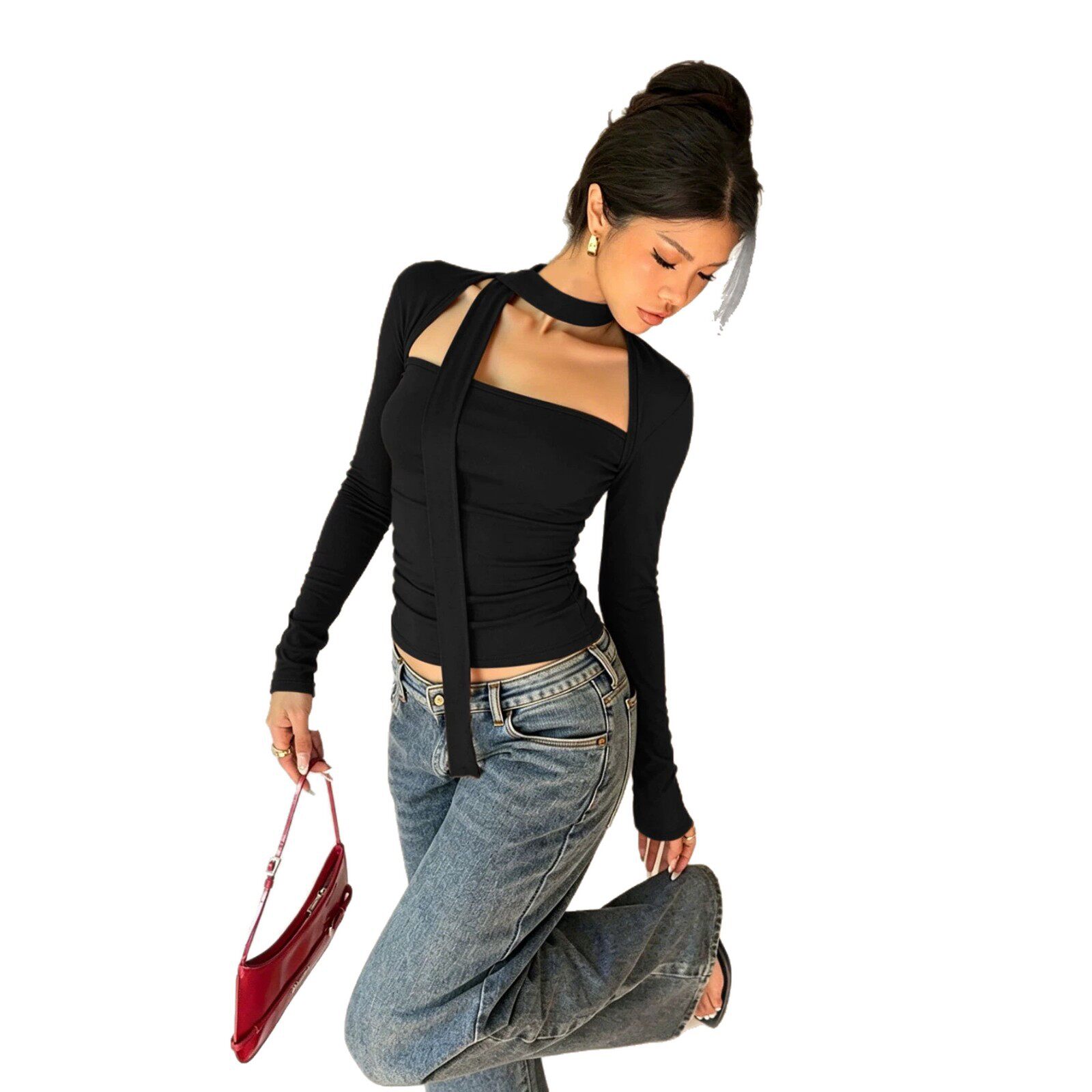 American Style Long Sleeve Crop Top Square Neck Slim Fit Adjustable Tie Soft Fabric Casual Wear for Women OEM