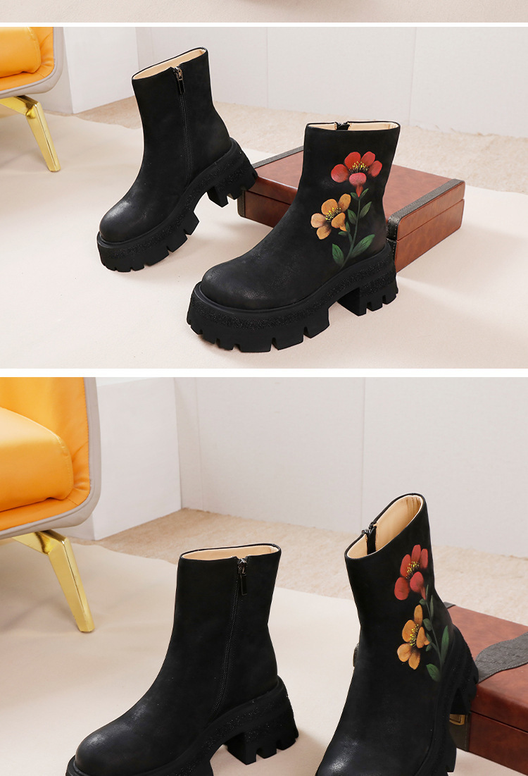 Boot nữ cổ ngắn da bò thật thêu hoa thủ công gót vuông — Màu cà phê, Màu đen