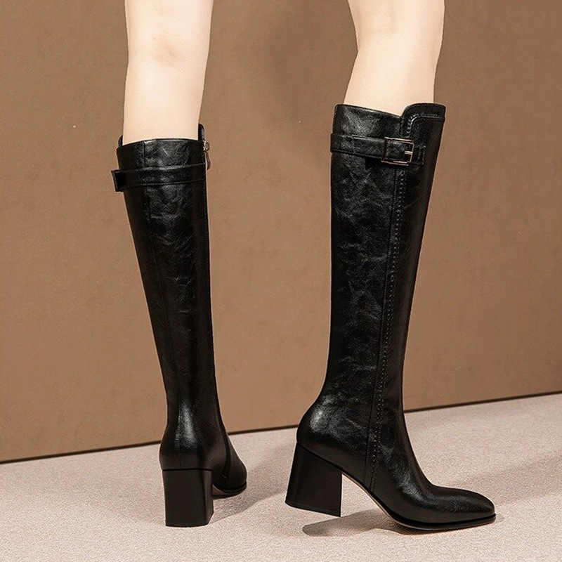 Boot nữ cổ cao gót thô mũi tròn phối khóa kéo bên, dáng ôm chân tôn dáng — Màu đen, Màu nâu