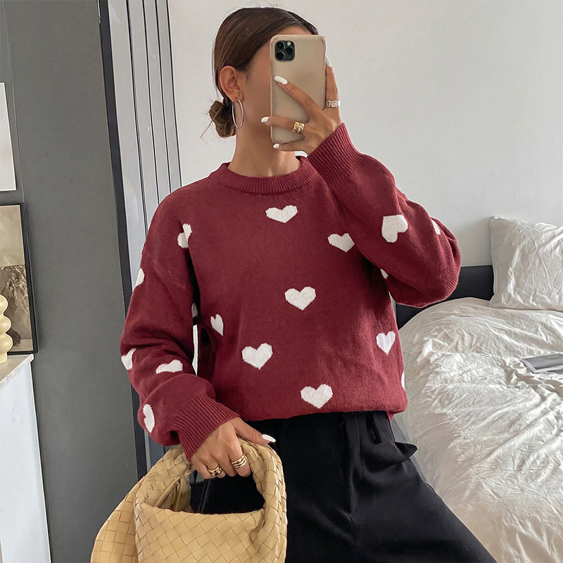 Vintage Sweetheart Jacquard Sweater Round Neck Long Sleeve Cozy Knit Autumn Winter Fashion Wholesale Available
