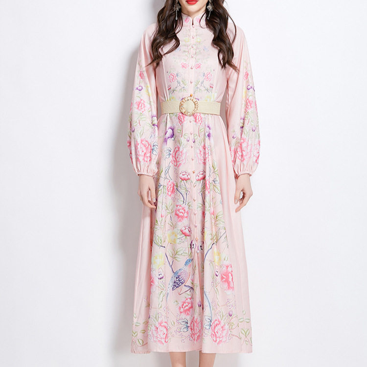 Womens Vacation Dress Elegant Floral Print Lantern Sleeves Waist Defined Button Up Maxi Length Perfect for