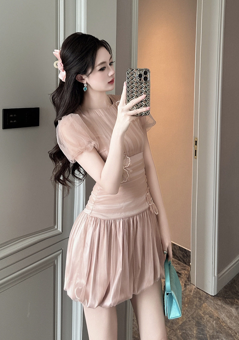 Đầm suông nữ midi tay phồng kiểu Pháp, cổ tròn, eo cao, họa tiết hoa nổi 3D — [Hồng] chi tiết 8