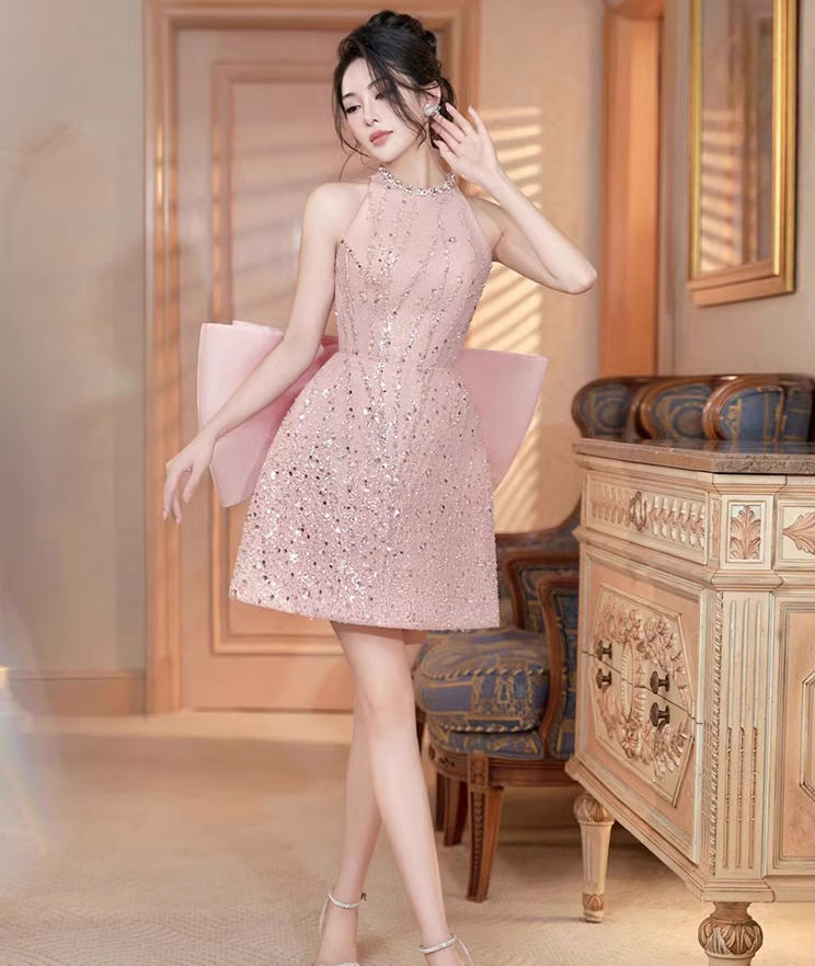 Váy chữ A midi nữ tay không cổ tròn, eo cao, phong cách thanh lịch — Hồng chi tiết 5