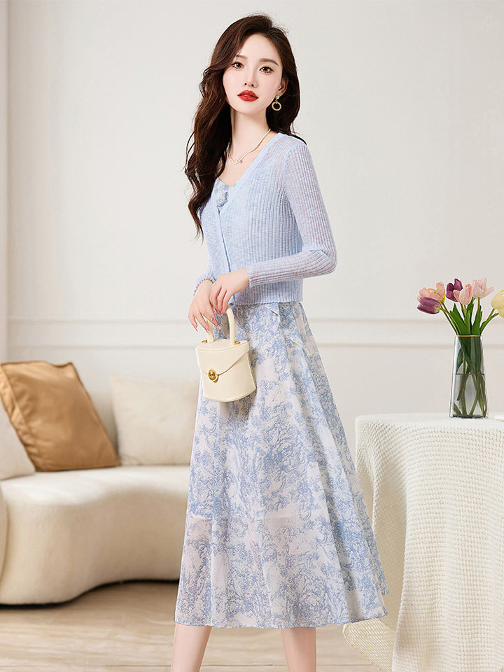 Set Áo Khoác Cardigan Dệt Kim Và Đầm Hai Dây Xòe Họa Tiết Hoa Phong Cách Thanh Lịch Màu Hồng, Xanh