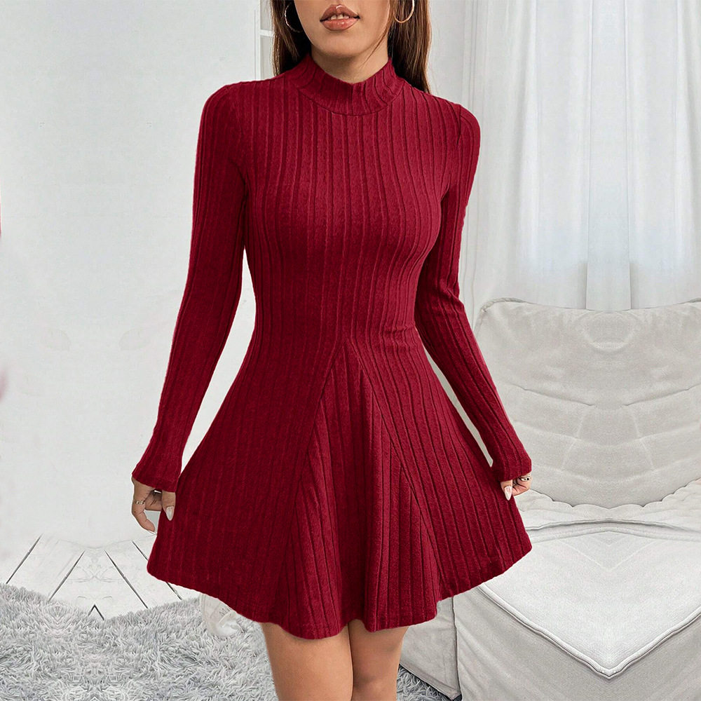Womens A Line Dress Slim Fit Half Turtleneck Long Sleeve Ribbed Fabric Spring Summer Fashion Wholesale Available