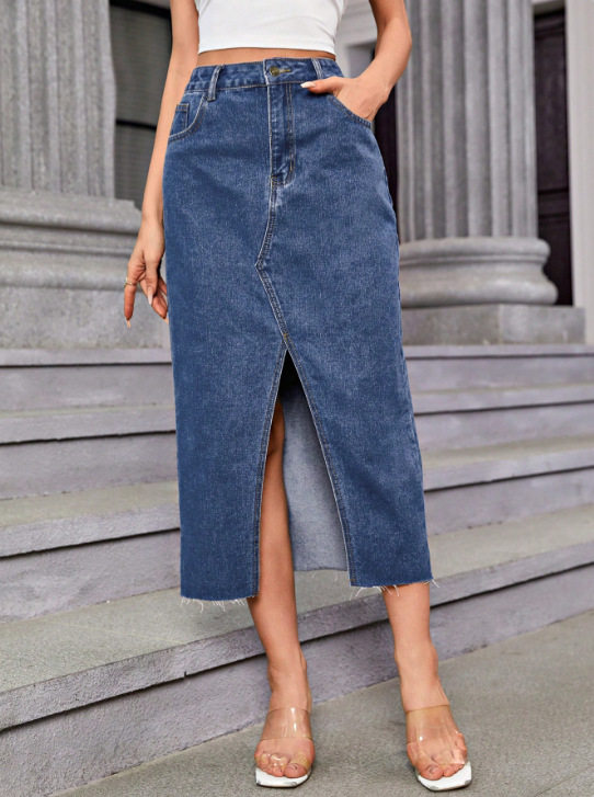 Denim Skirt High Split Casual Style Comfortable Fit Perfect for Summer Outings Wholesale Available