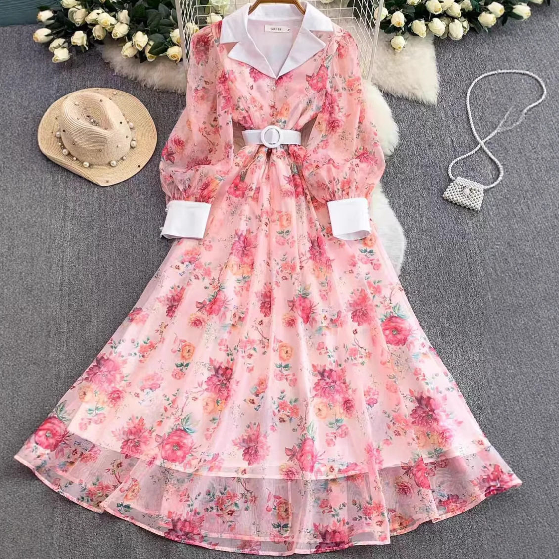 French Romantic Rose Print Lantern Sleeve Dress Elegant Waist Tie Design Flared Hem Perfect for Spring and Autumn