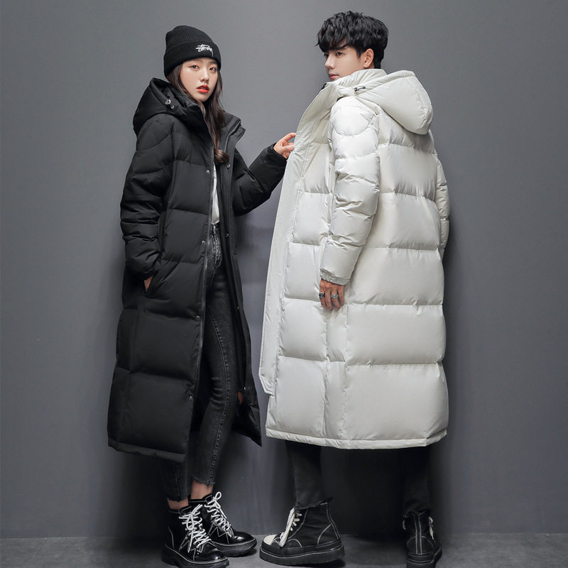 Winter New Men's and Women's Couples Down Jacket Casual Long Over-the-knee Hat Thickened All-match White Duck Down Jacket
