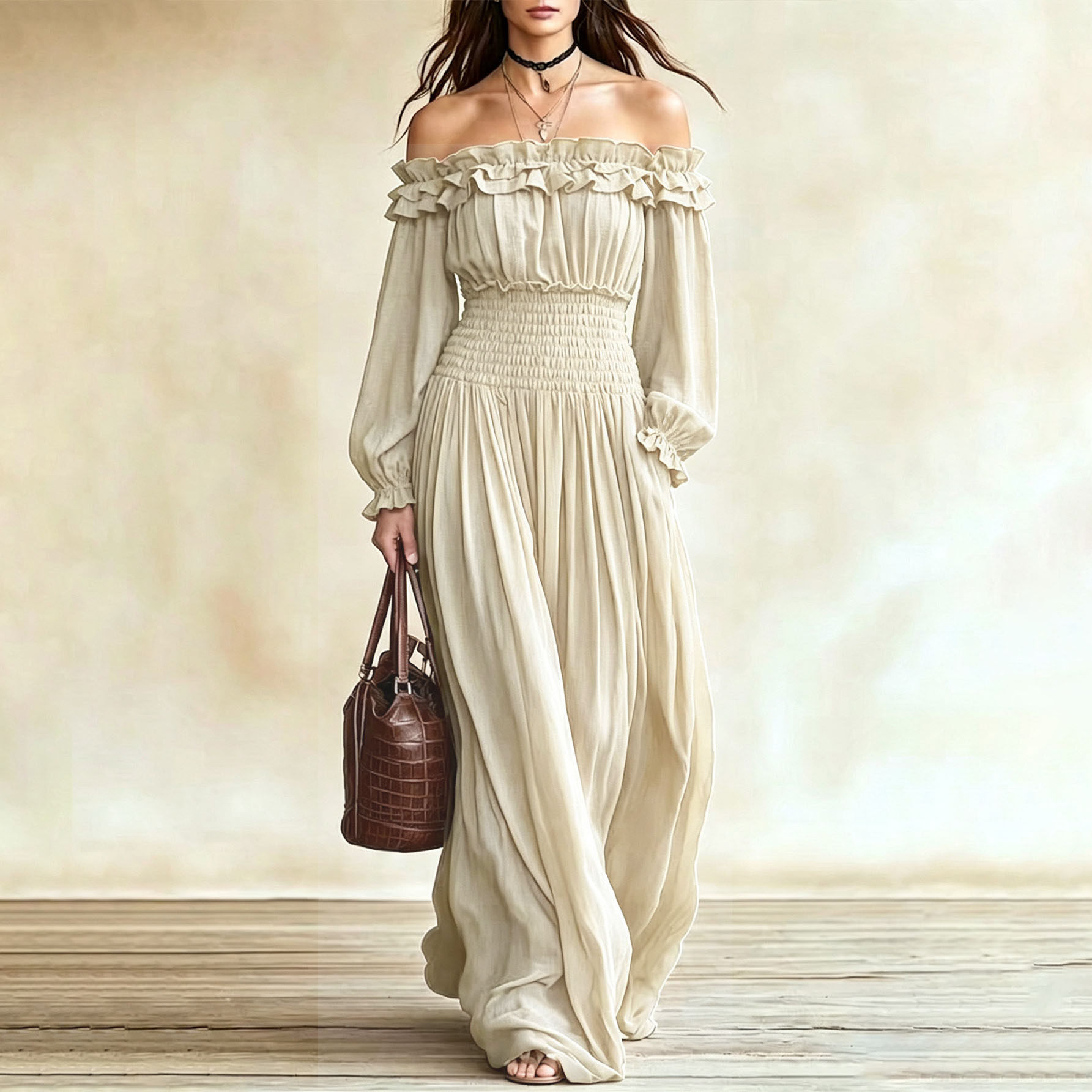Off Shoulder Ruffled Long Sleeve Dress Waist Defining Autumn Fashion Elegant for Parties and Events Wholesale