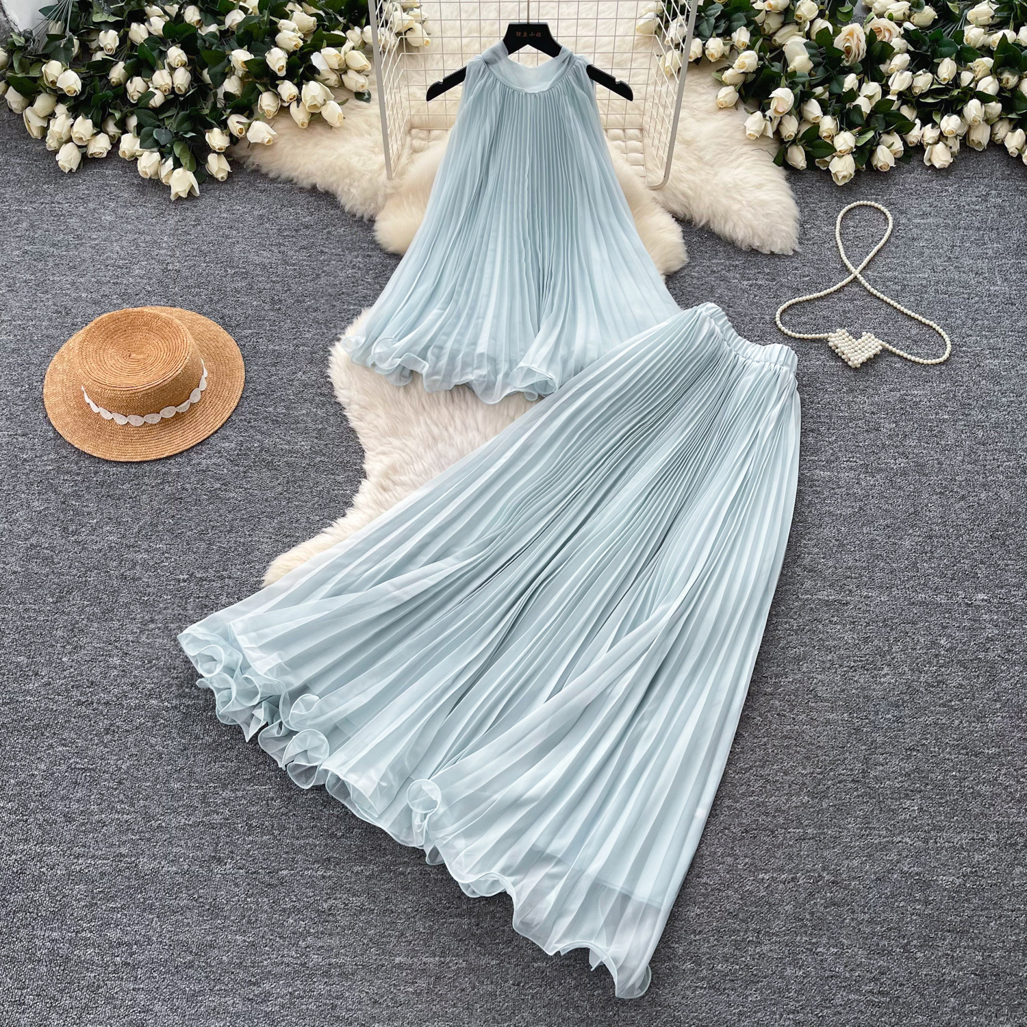 Vacation Style Halter Neck Ruffled Tank Top and High Waist Skirt Set Playful Sweet Fashionable Summer Outfit for