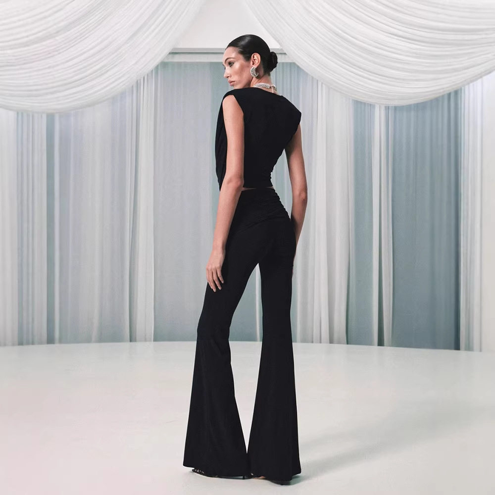 Sleeveless Ruffled Top High Waist Flare Pants Chic Fashion Set for Runway Events Wholesale Available