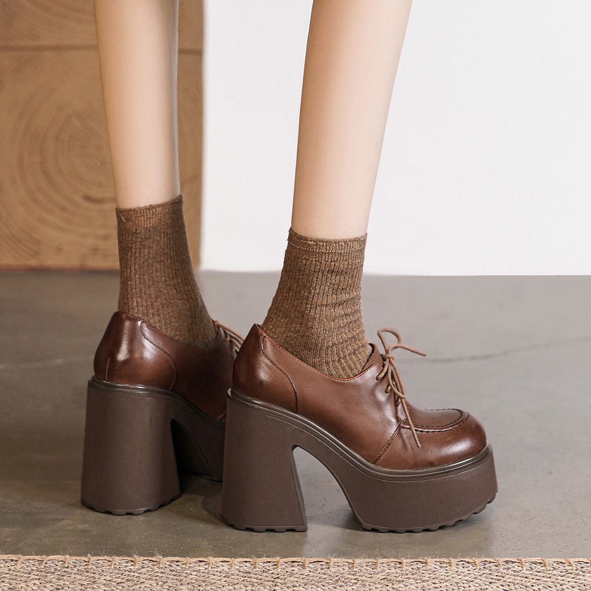 Giày cao gót nữ 12cm gót thô dây buộc phong cách lười đế xuồng — màu đen, Màu nâu nhạt