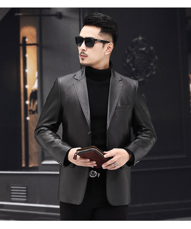Áo khoác da cừu nam dáng vest cổ áo vest phong cách công sở — Màu đen