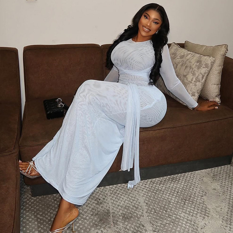 Elegant Womens Midi Dress Solid Color Waist Defining Pleated Round Neck Long Sleeve Perfect for Casual or Formal
