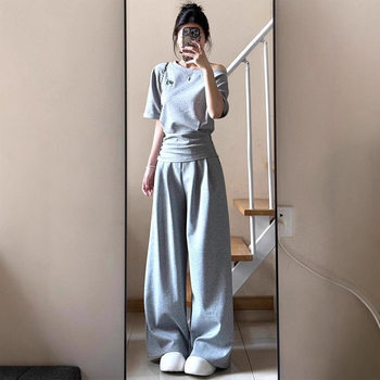 Korean College Summer Casual Sports Suit Women's Short Waist-Cinching Slanted Shoulder Top High-Waisted Wide-Leg Pants Two-Piece Trendy Set