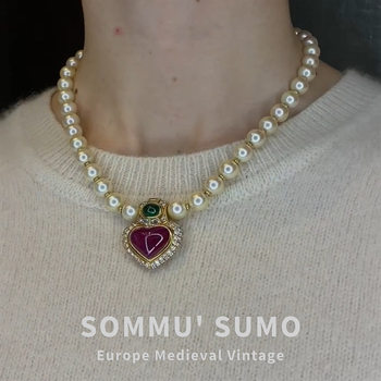 French Baojia retro classic red and green contrast color glass Pearl Crystal natural stone necklace zircon earrings