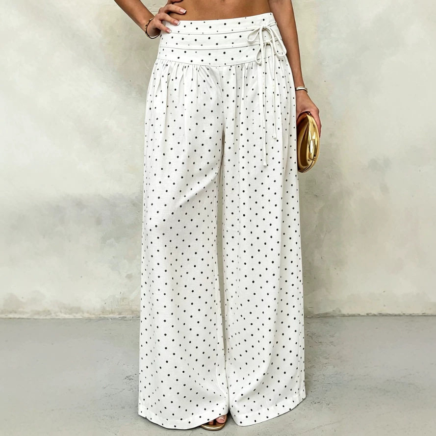 Black Polka Dot Casual Pants Lightweight Breathable Ice Silk Linen Summer Wear Wholesale Available