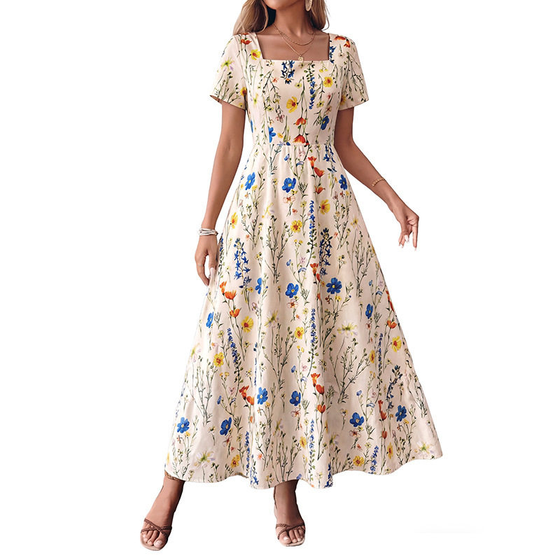 Floral Print Square Neck Short Sleeve Dress French Vacation Style Summer Collection Wholesale Available