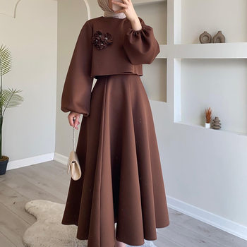 2025 Autumn New Middle East Dubai Floral Lantern Sleeve Loose Dress Women's Dress Set Two-Piece Set