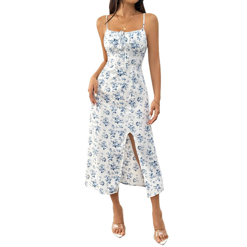 Floral Print A Line Midi Dress Fresh Style High Waist Sleeveless Summer Casual Wear Wholesale Available