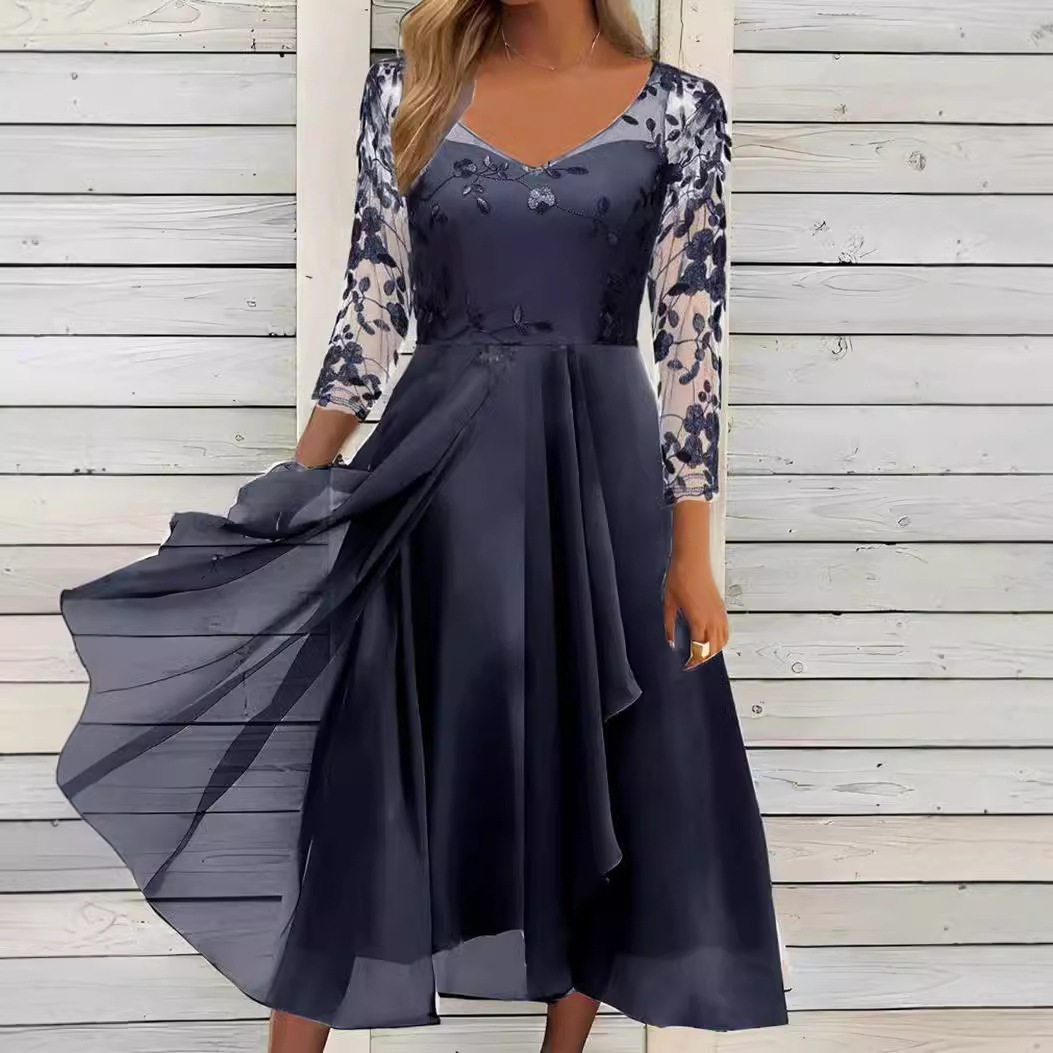 Chiffon V Neck Long Dress with Lace Inserts Elegant Evening Gown for Bridesmaids Available in Multiple Colors and Sizes