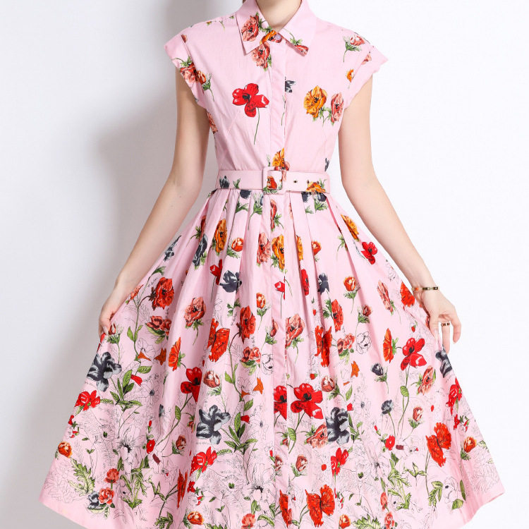 French Style Short Sleeve Polo Dress Waist Defining Flowy A Line Floral Print Summer Elegance for Women Wholesale