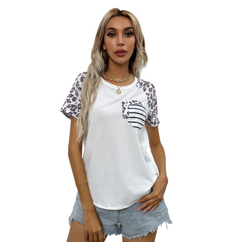 Casual Womens T Shirt Round Neck Short Sleeve Color Block Leopard Print Summer Wear Wholesale Available