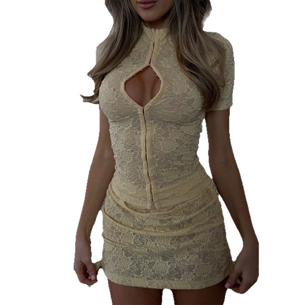 Sexy Lace Two Piece Set Slim Fit Hollow Out Button Design Fashionable for Parties or Night Out Wholesale Available