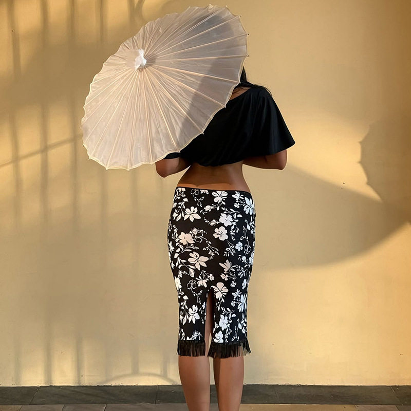 Vintage Floral Print Fringe Bodycon Skirt Sexy Low Waist Versatile Design Summer Fashion Wholesale Available