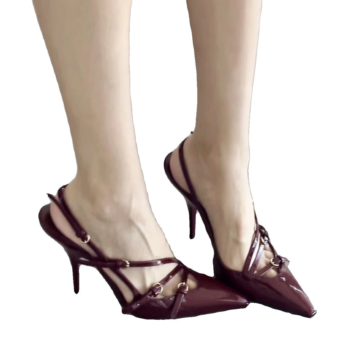 2024 New Style Toe Patent Leather Buckle Strap Cat Heel Sandals Women's Sexy Black Silk Pointed Stiletto Heel High Heels