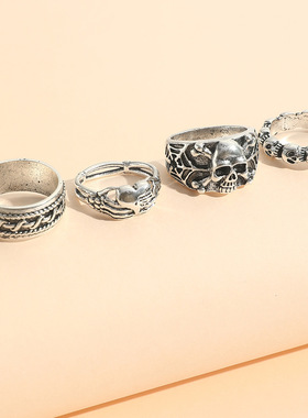 欧美流行饰品士朋克夸张指环 哥特风小鬼骷髅头心脏戒指4件套