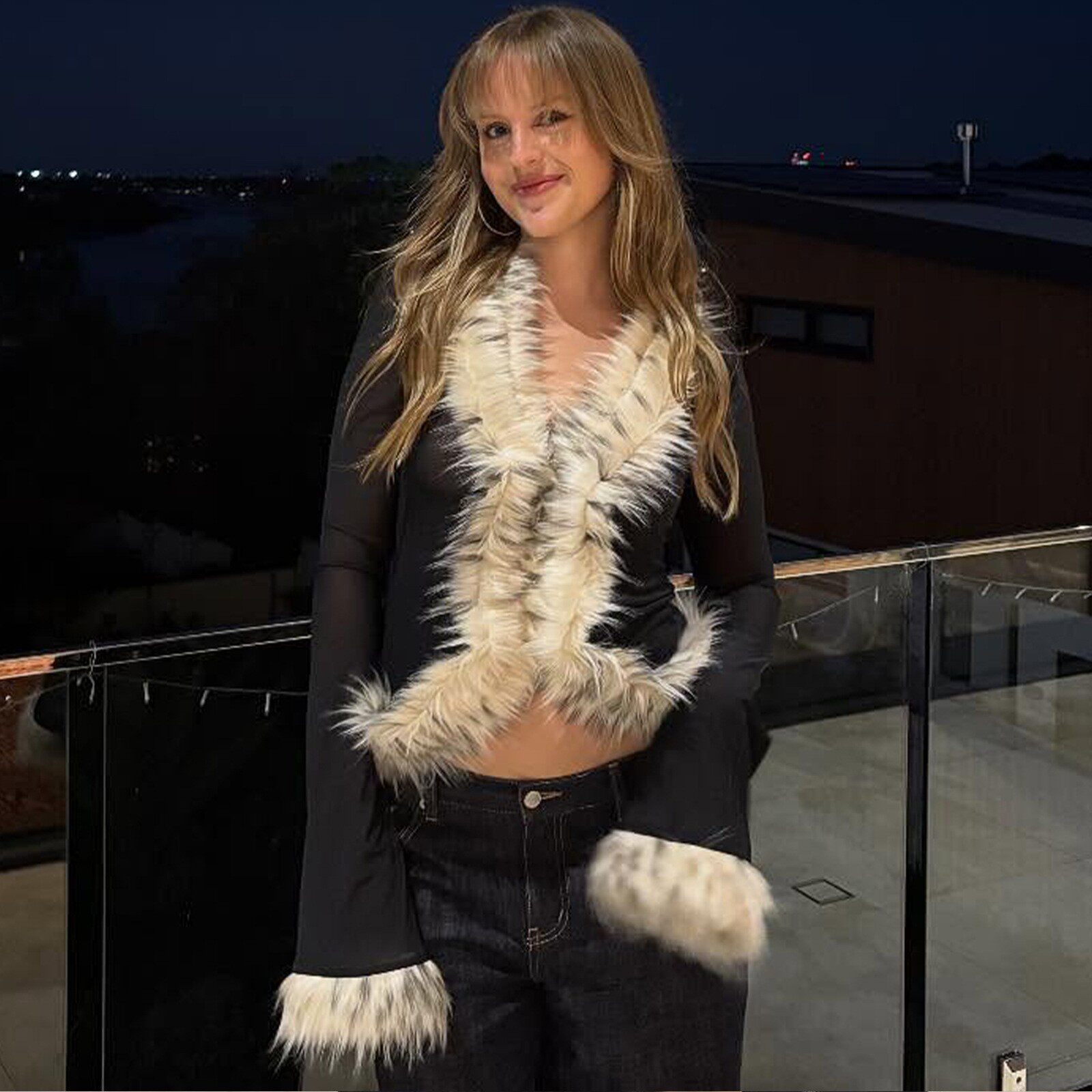 Fashionable Womens Cardigan Long Sleeve Sheer Mesh Cropped Design with Fur Collar Autumn Winter Collection