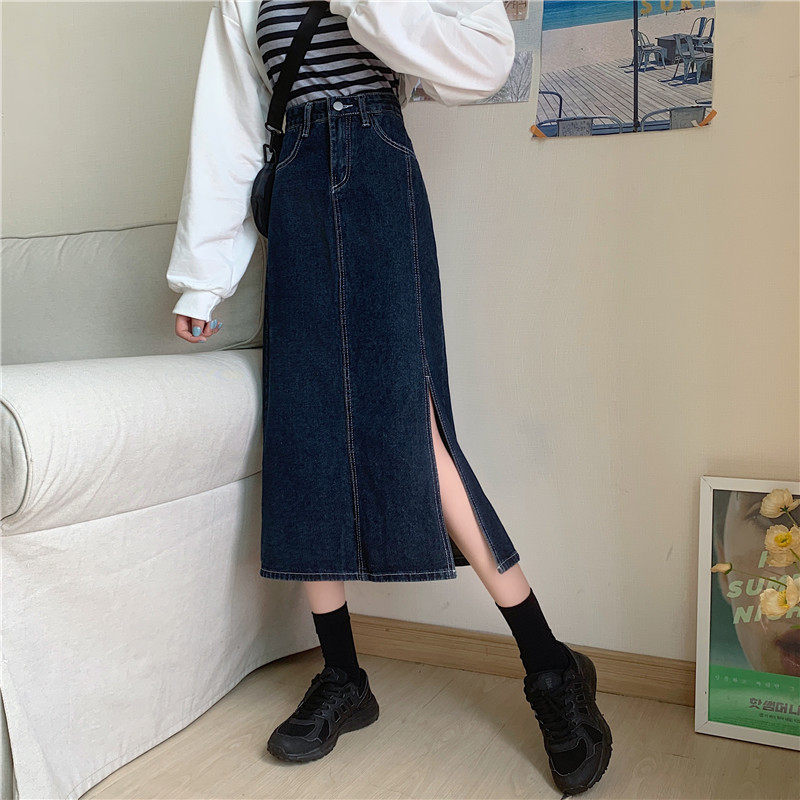 High Waisted Denim Skirt Vintage Style Mid Length Slim Fit Side Slit Spring Summer Fashion Wholesale Available