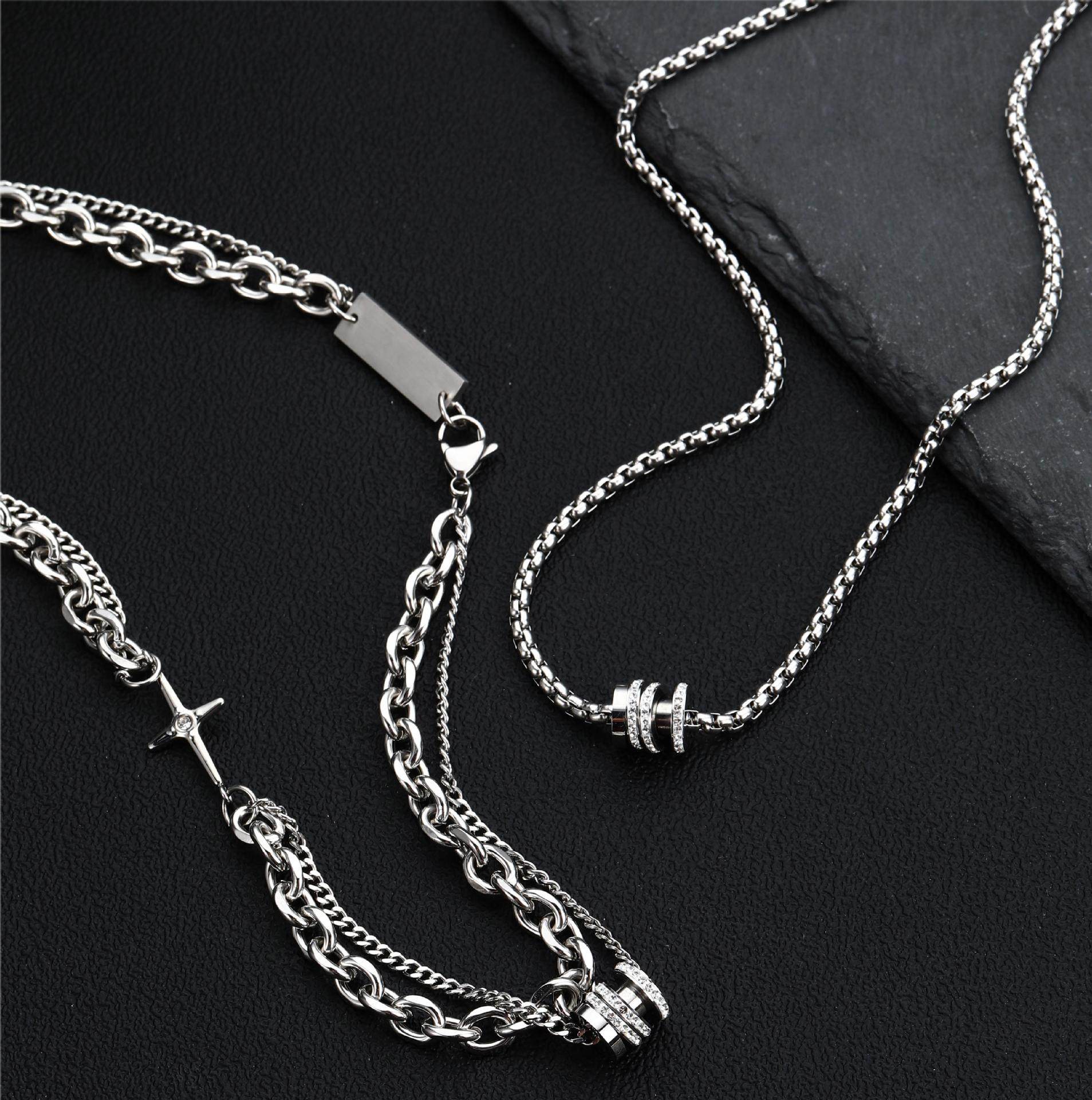 Niche design high-grade women's cool titanium steel necklace men's fashionable stacked diamond-embedded double-layer small waist couple lucky pendant