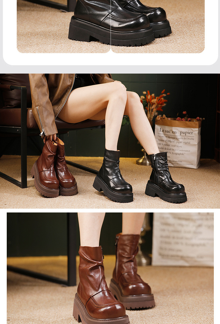 Boot Martin nữ da ngựa cổ ngắn đế dày gót vuông — màu đen, Màu nâu