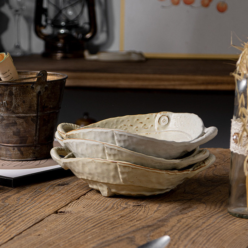 Japanese-Style Retro Coarse Pottery Irregular-Shaped Double-Handle Ribbed Bowl and Chopsticks with an Aged Look, Soup Plate, Curry Rice Home-Use Dish Bowl, Deep Plate