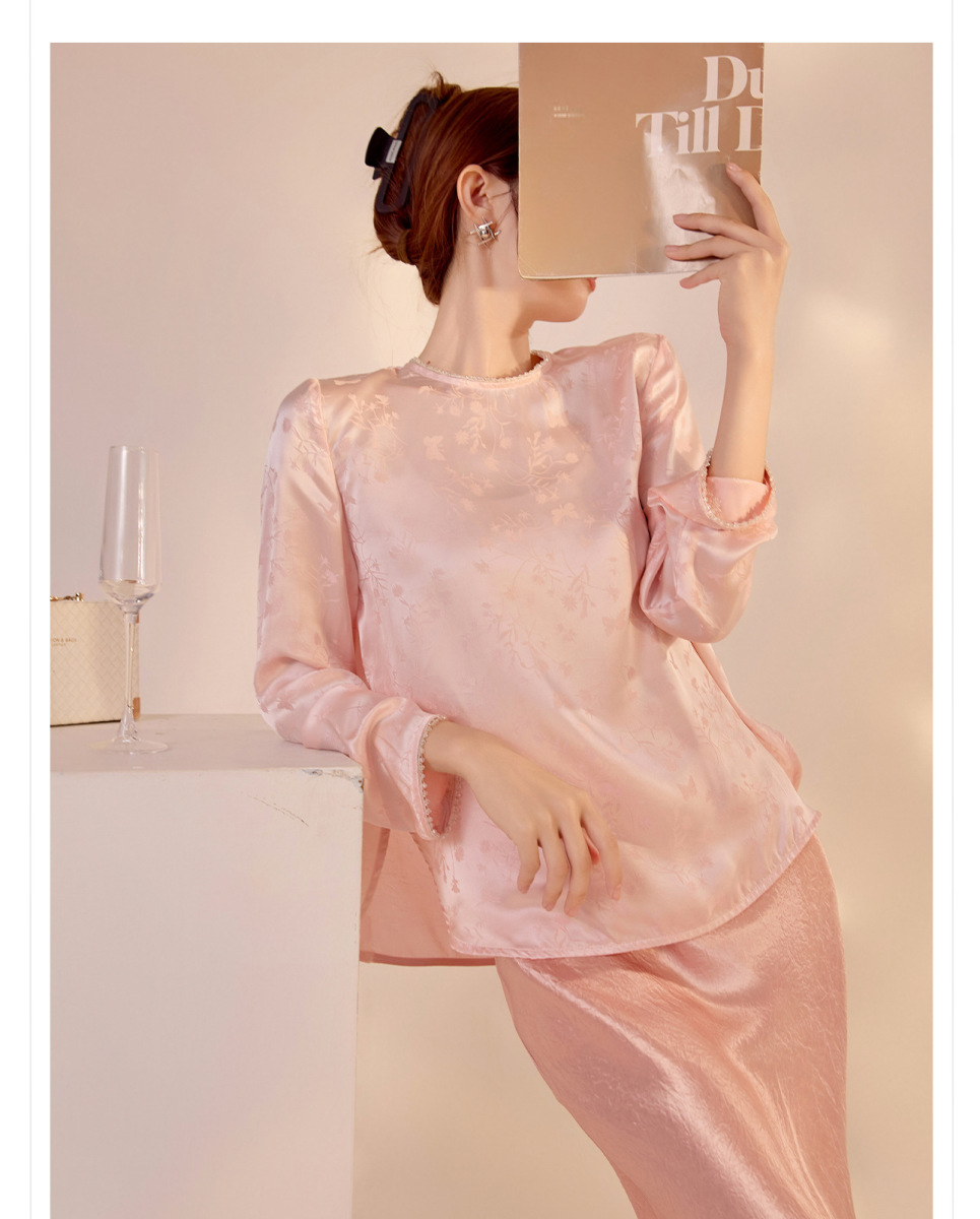 Áo sơ mi nữ dài tay thêu hoa đính hạt cổ tròn — Màu đen, Màu hồng, Màu trắng be, Màu vàng