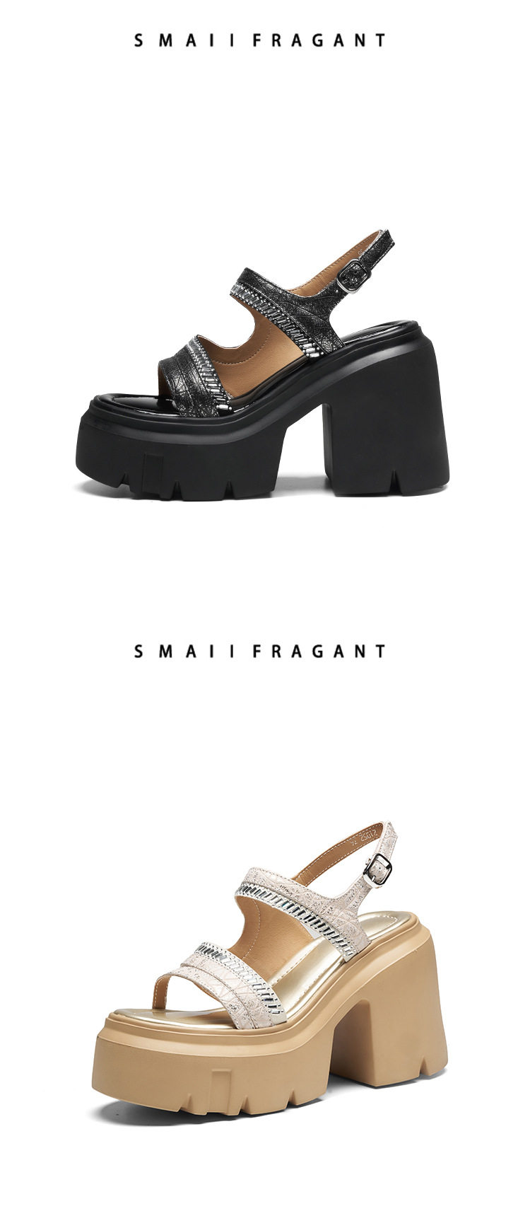 Sandal cao gót nữ hở mũi đế platform 12 cm, quai ngang đính đá — Xám, Áo khoác sáng, Bạc chi tiết 12