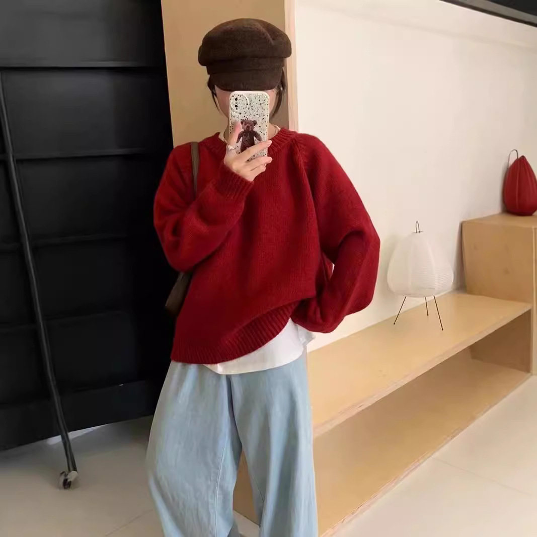 秋冬季圆领皮标糖果色套头毛衣女韩系别致内搭宽松显瘦针织衫上衣