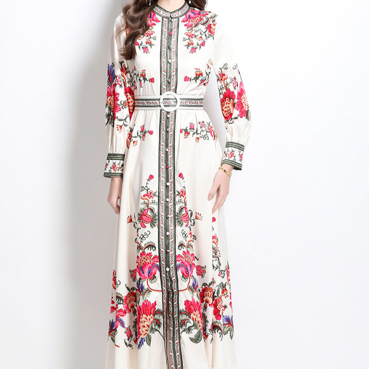 Vintage Inspired Floral Print Dress Round Neck Lantern Sleeves Single Breasted Waist Defined Elegant Evening Gown