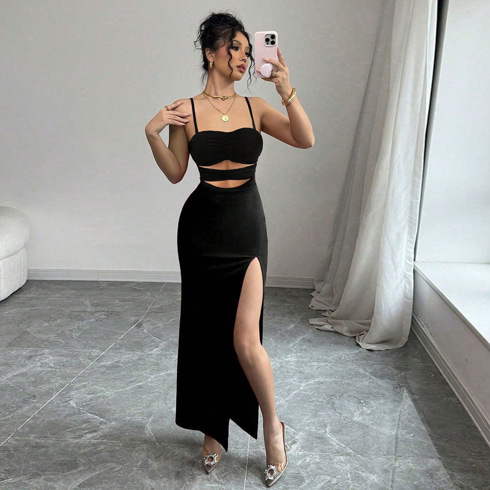 Lace Cutout Sexy Maxi Dress Summer Elegant Black Sleeveless Minimalist Style Wholesale Available