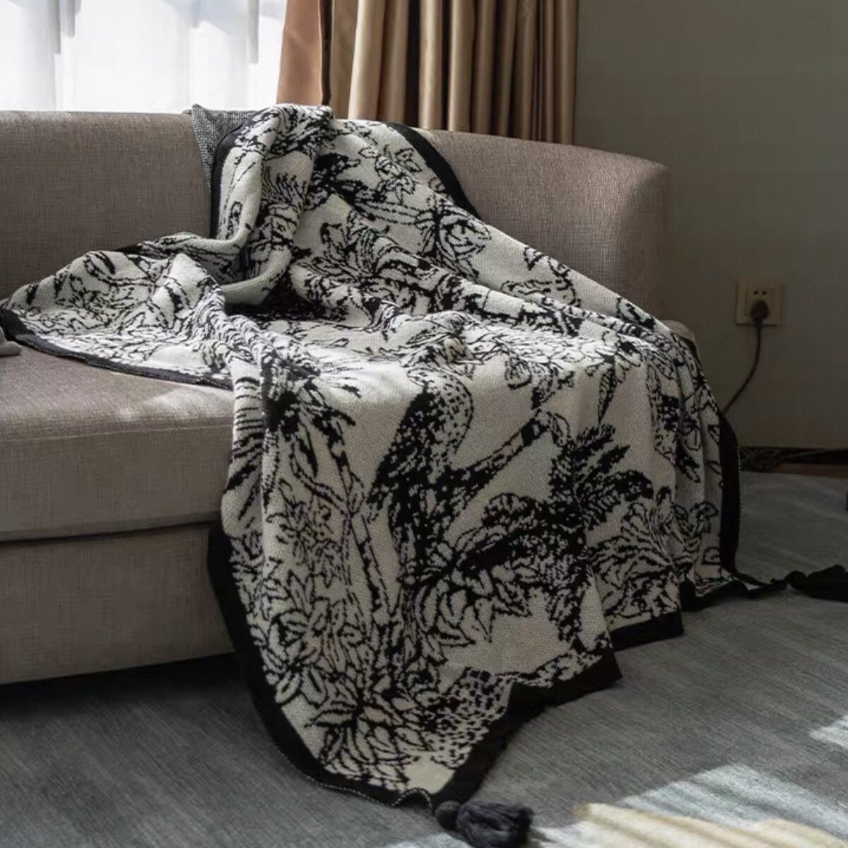 Chinese-Style Retro Ink Painting Floral and Bird Knitted Blanket Sofa Blanket Throw Blanket Bed Blanket Splash-Ink Decorative Air-Conditioning Blanket Nap Blanket Fleece Blanket