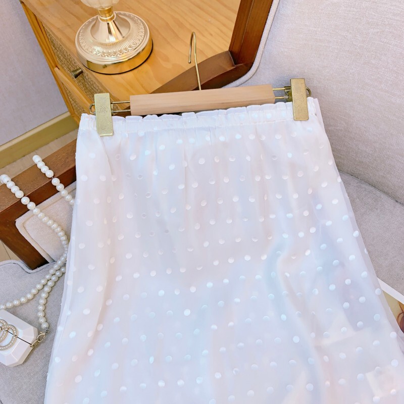 Chân váy midi voan lưới chấm bi trắng cạp chun viền bèo — Chấm bi