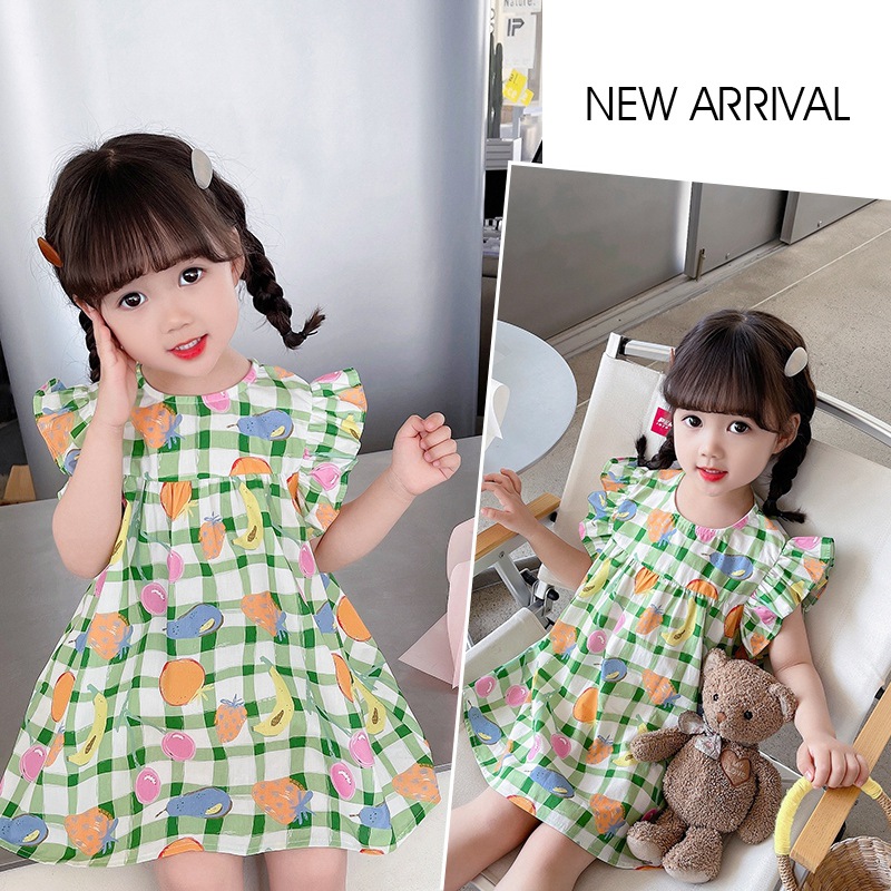 韩国童装23夏季新款女童洋气小飞袖卡通印花连衣裙女孩时尚公主裙