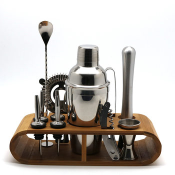 Popular High-End Stainless Steel Cocktail Shaker Oval Wooden Stand Set Red Wine Glasses Bar Tools Shaker Set
