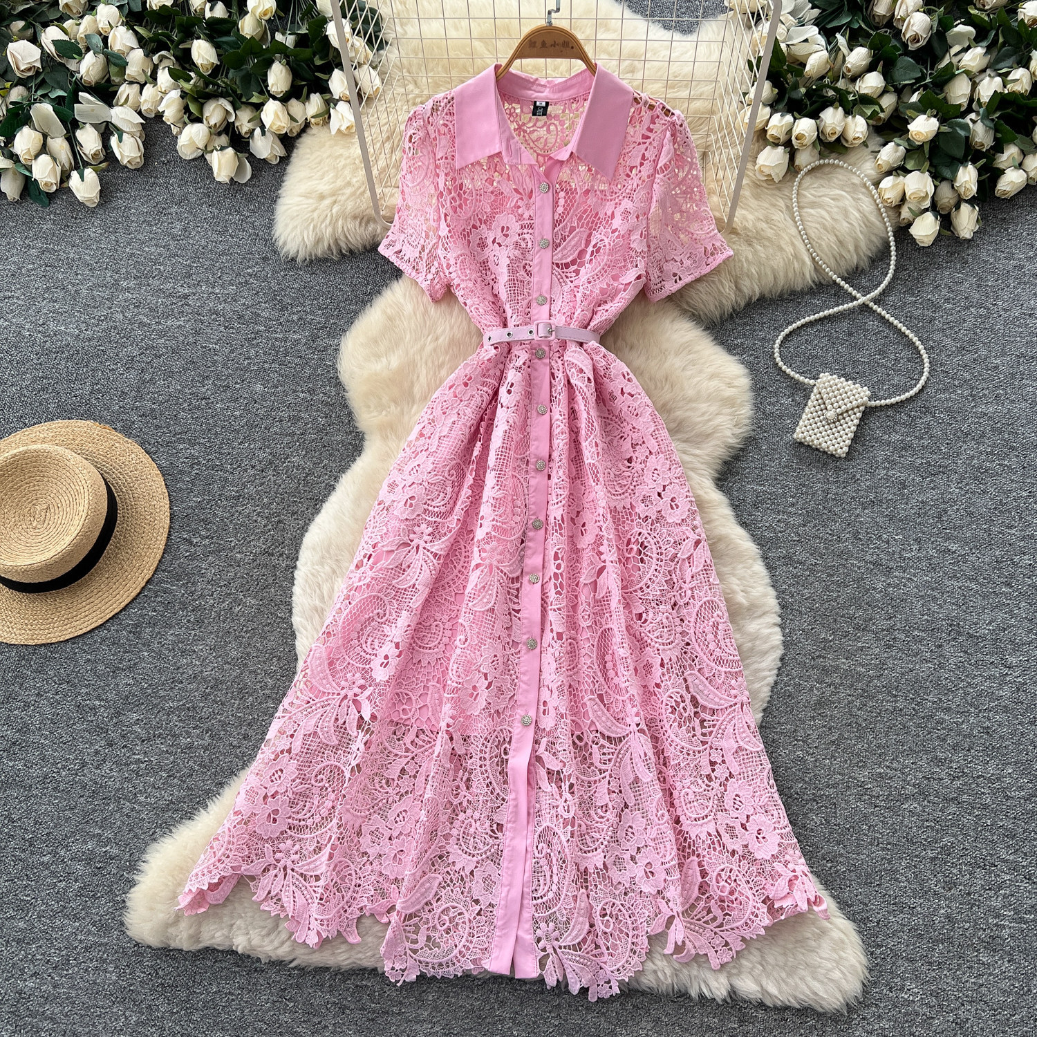 Pink Lace A Line Dress for Women Short Sleeve Collared Waist Defining Elegant Style Perfect for Parties and Special