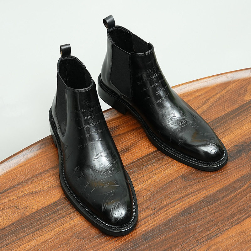 Giày Chelsea Boot Nam Da Thật Cao Cổ Họa Tiết Chiều Cao Đế Khoảng 3cm Màu Đen, Nâu