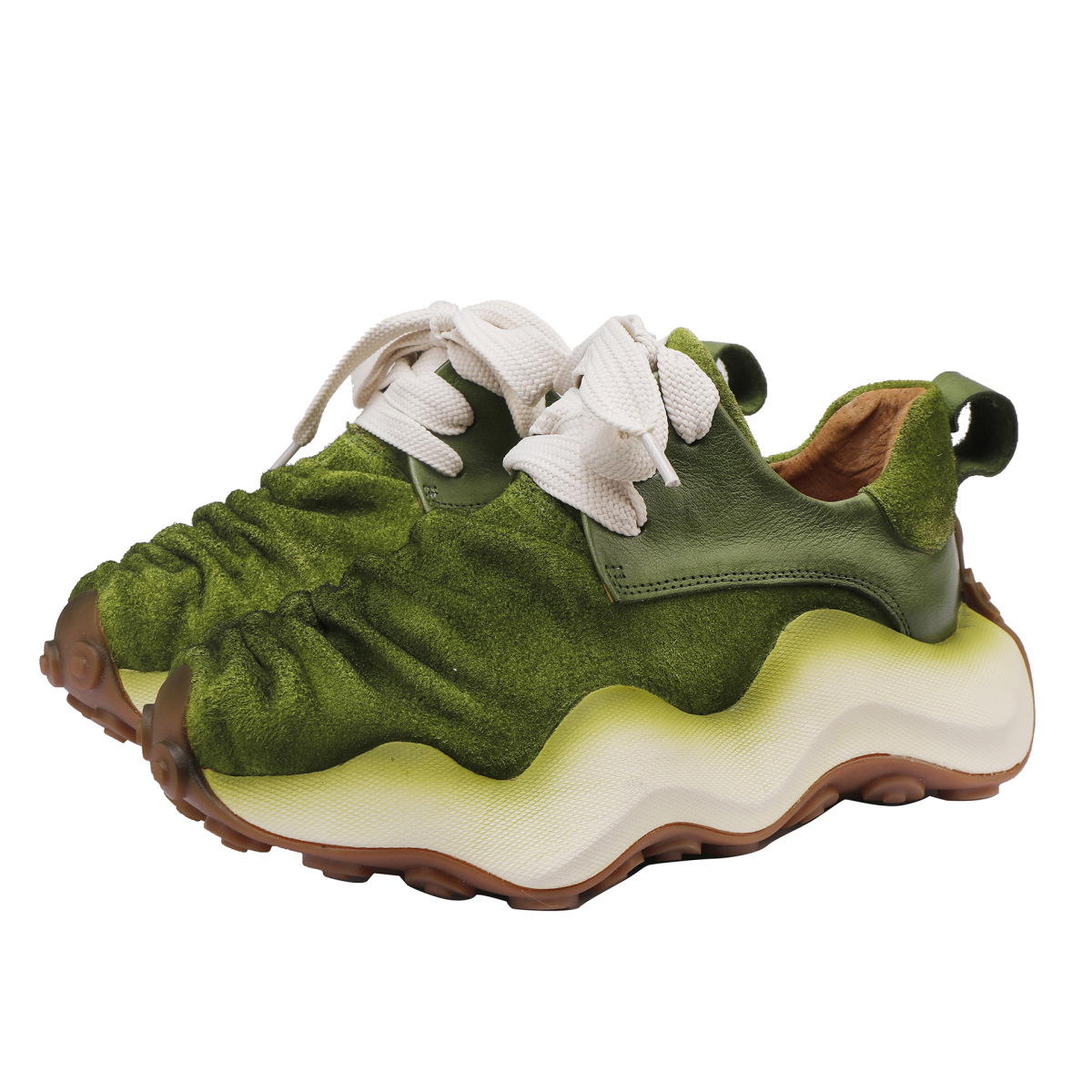 Giày sneaker nữ da bò thật đế dày phong cách thể thao dây buộc — màu nâu, màu xanh lá cây