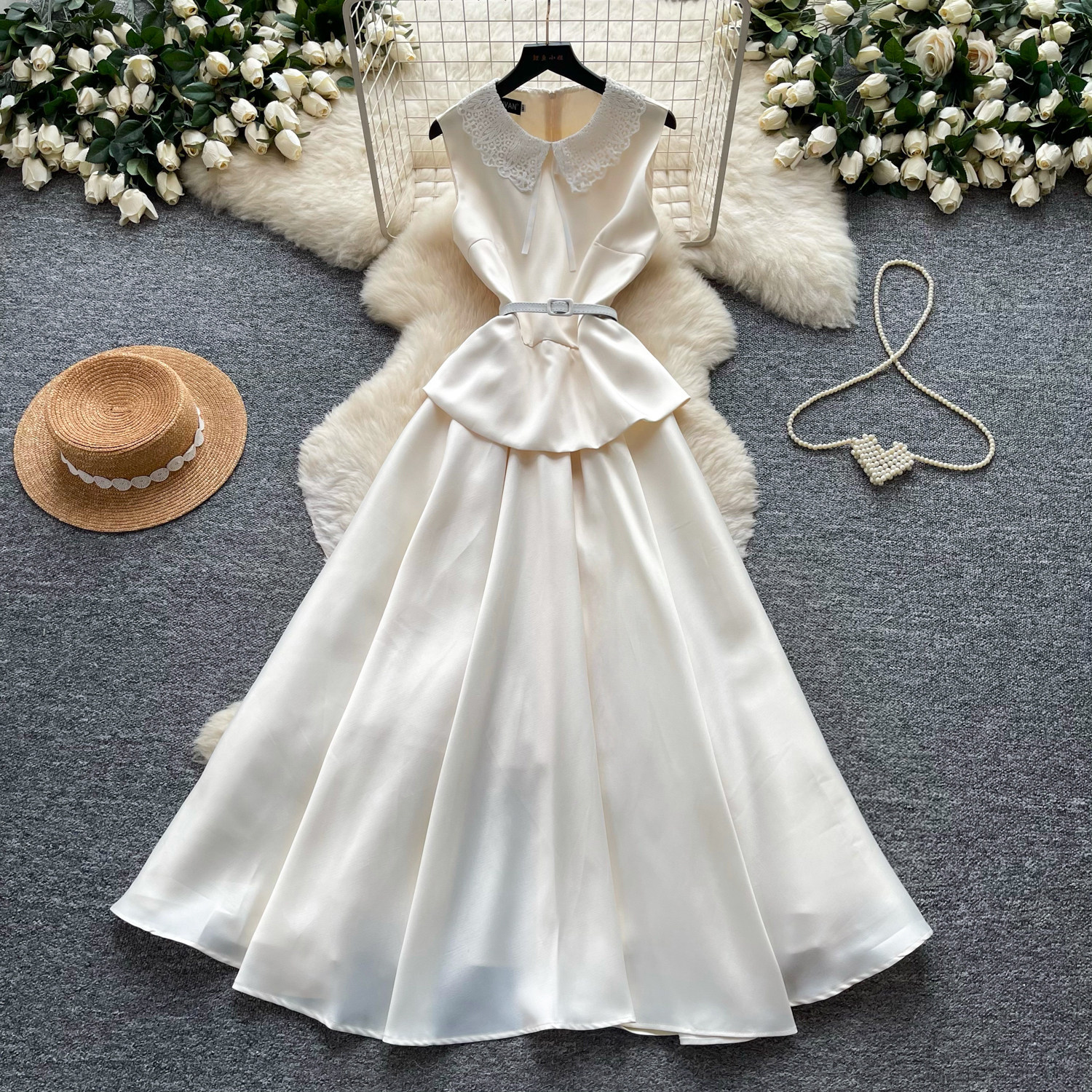 Red Lace Doll Collar A Line Dress for Women High Waist Elegant Fit Summer Style Perfect for Work and Casual Occasions