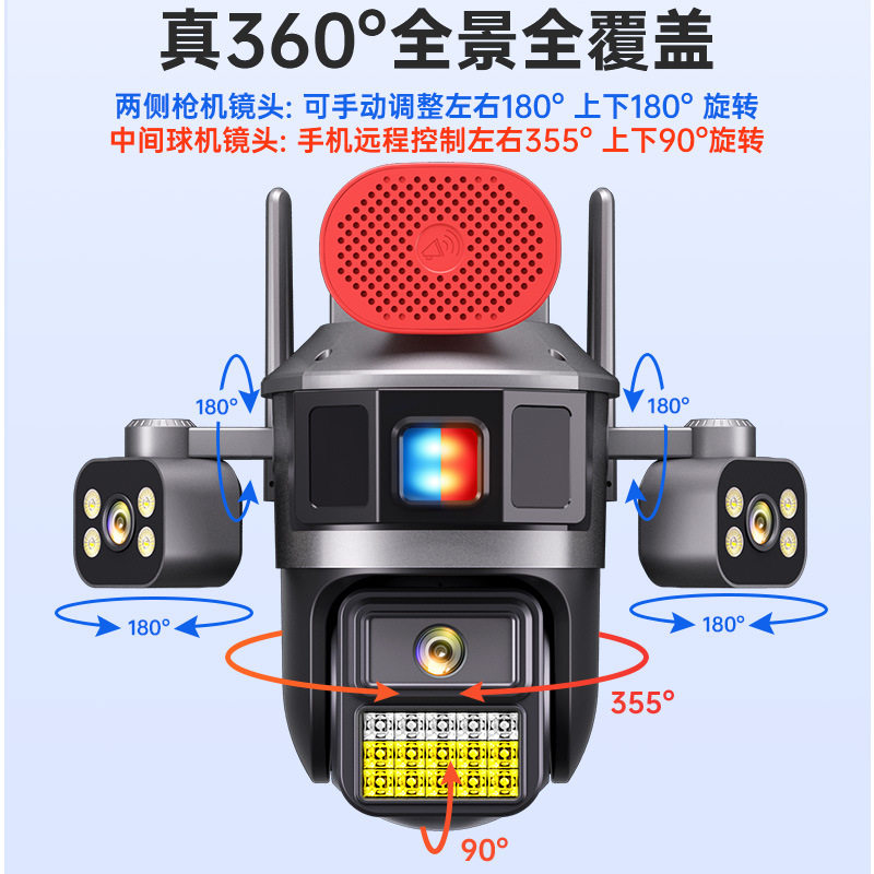 Surveillance Camera True Three Screen Three Lens Panoramic Home Outdoor HD Monitor Day and Night Full Color Waterproof New